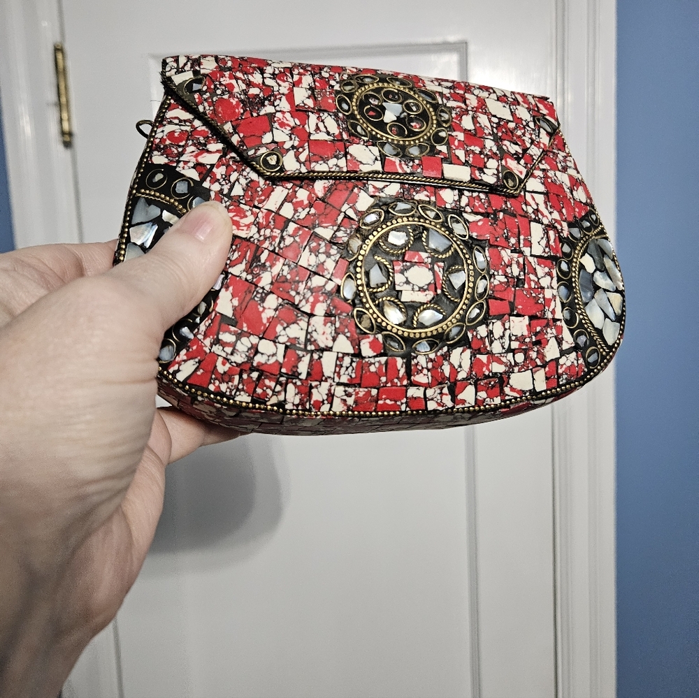 Ramla Mosaic Red and White Clutch